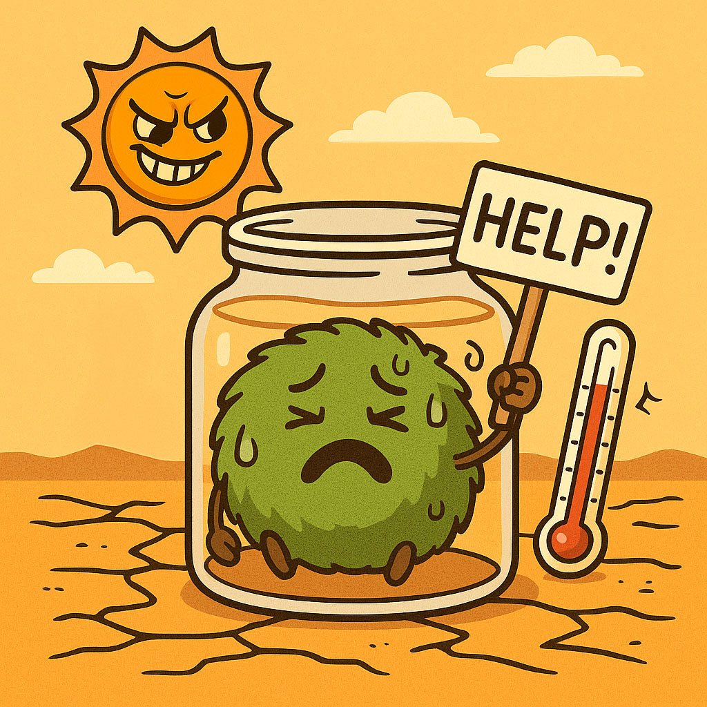 Cartoon illustration of a distressed Marimo moss ball trapped in a glass jar, holding a “HELP!” sign under a menacing sun with high heat, symbolizing the danger of overheating during summer moss ball care.