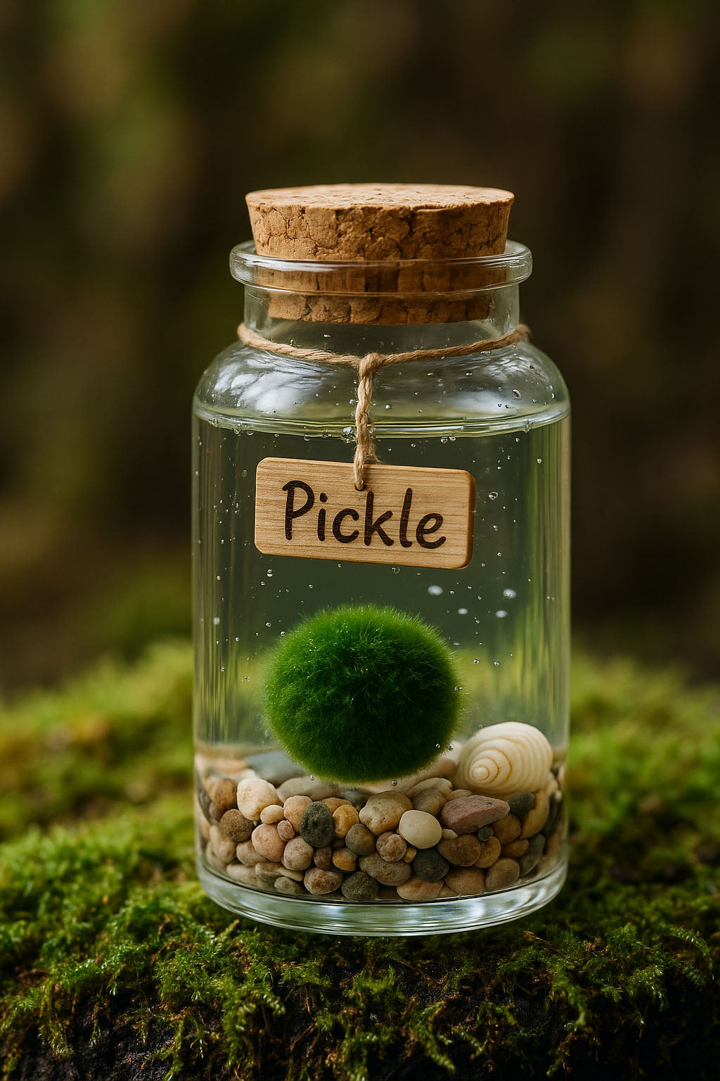 Marimo moss ball pet named Pickle in a glass jar terrarium with water, pebbles, and shell on a mossy surface
