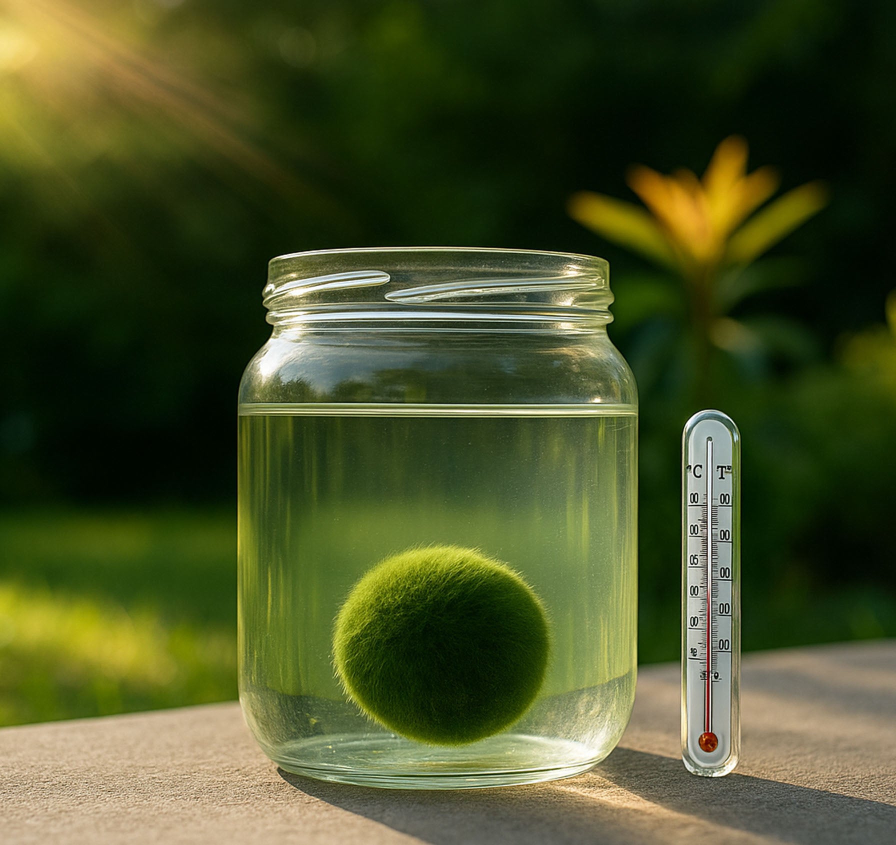 Marimo moss ball in summer care setup with thermometer and shade to prevent overheating.
