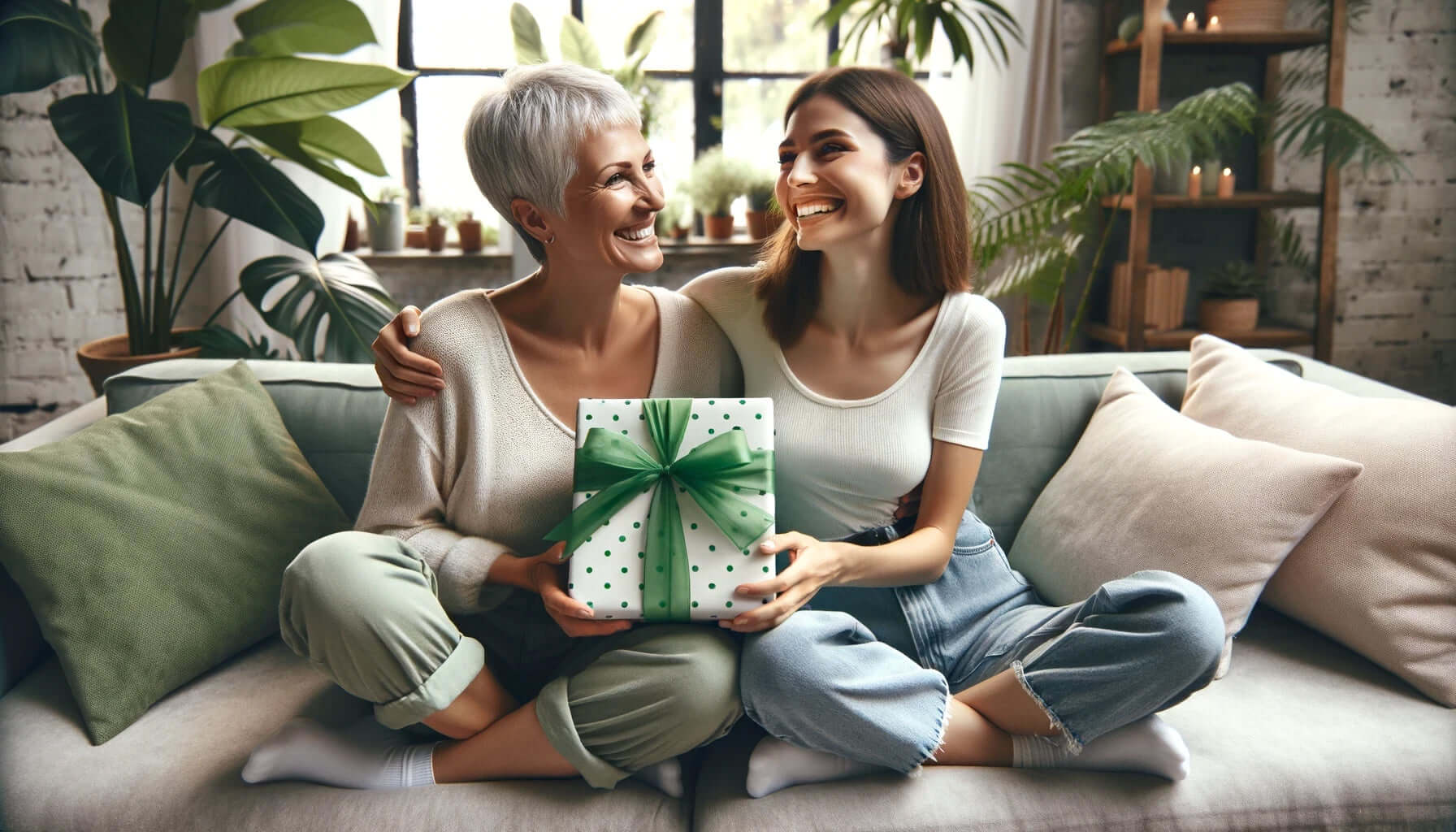 Mother and adult daughter sharing laughter and joy as they hold a small, polka-dotted gift in a plant-filled living room, symbolizing a heartfelt Mother's Day celebration.