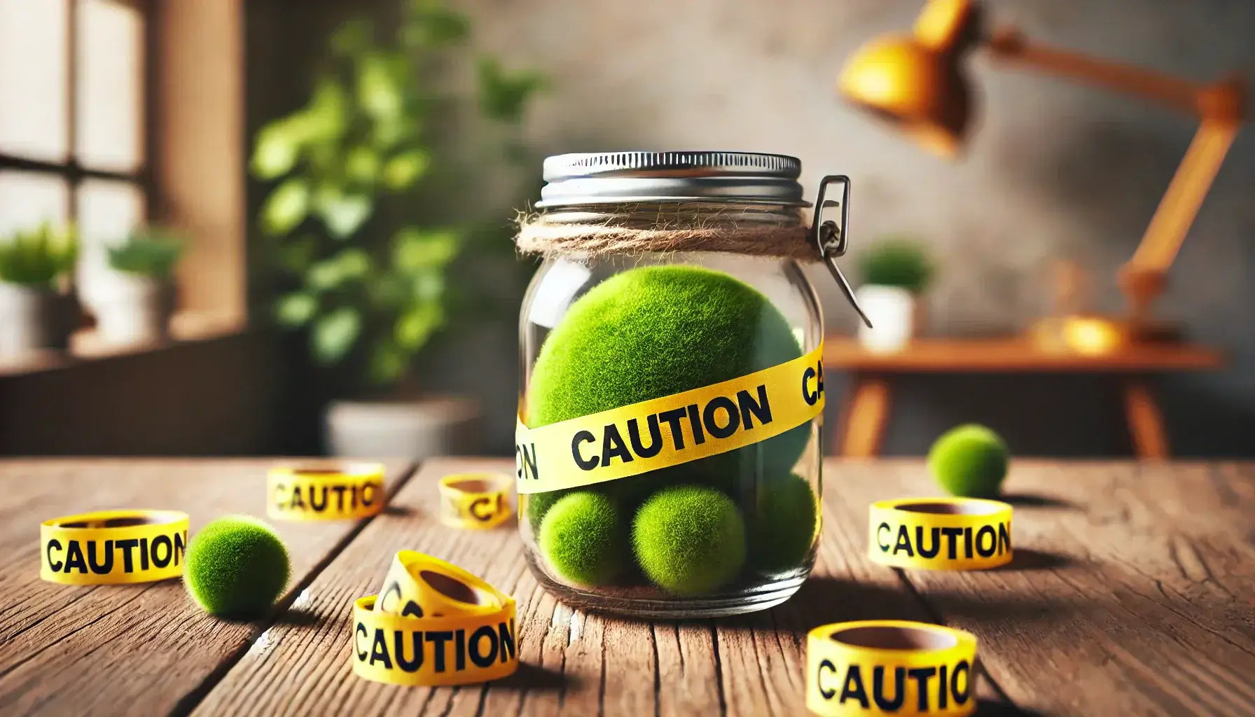 Marimo moss ball in a glass jar with caution tape, symbolizing concerns over zebra mussel contamination.