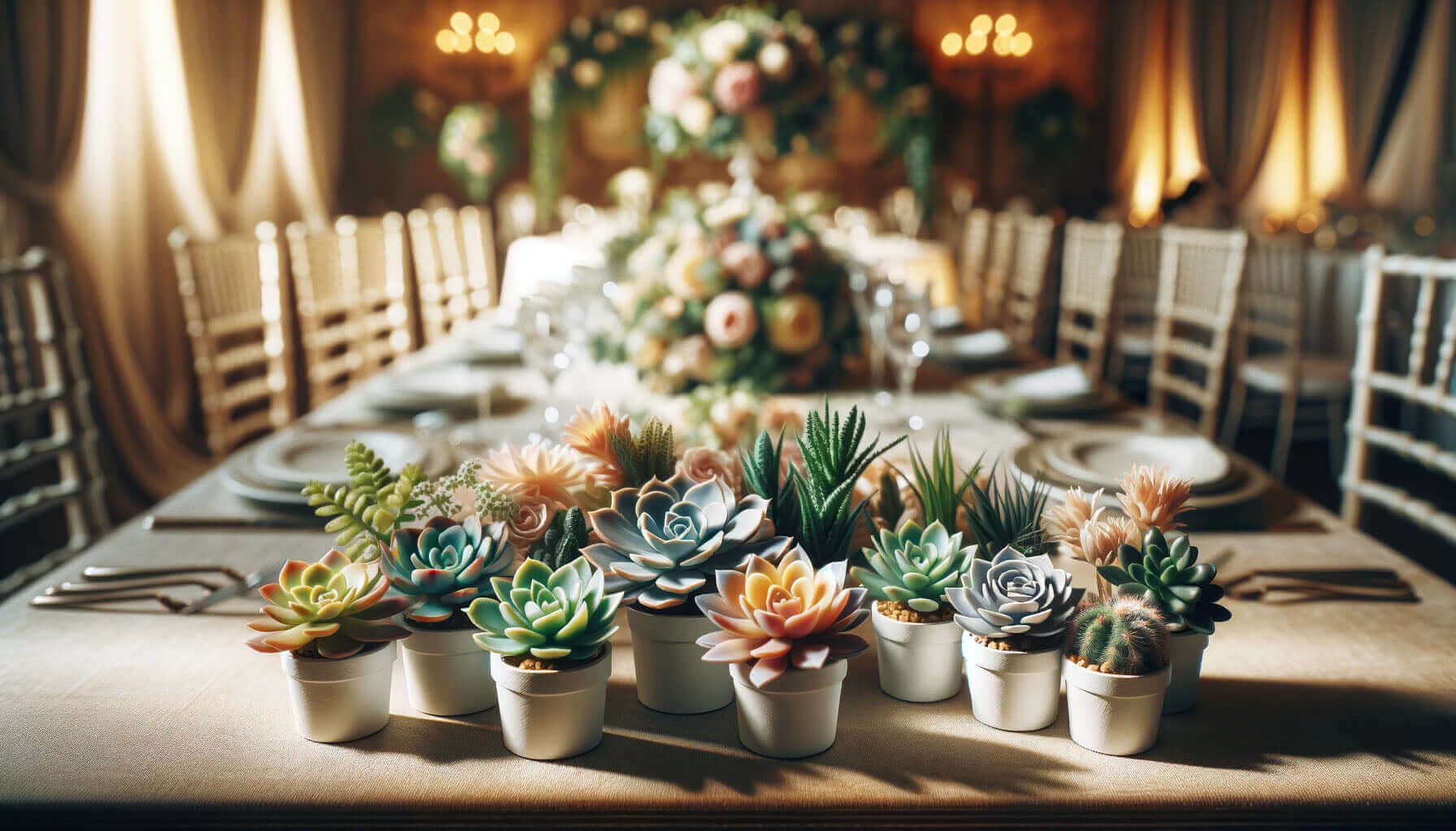 Assorted succulents in white pots on a wooden table at an elegant wedding reception, creating a sophisticated and natural atmosphere.