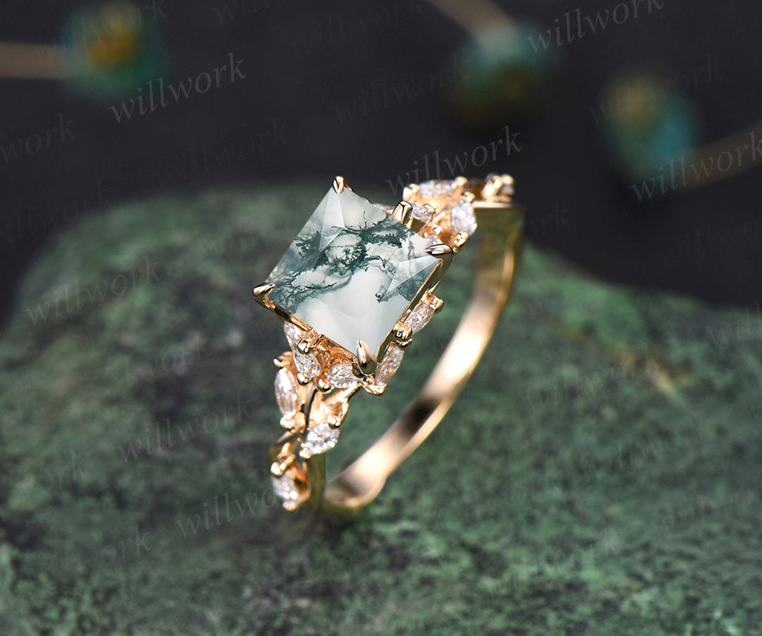 Princess cut moss agate ring unique twig flower engagement ring marquise cluster art deco promise wedding ring for women