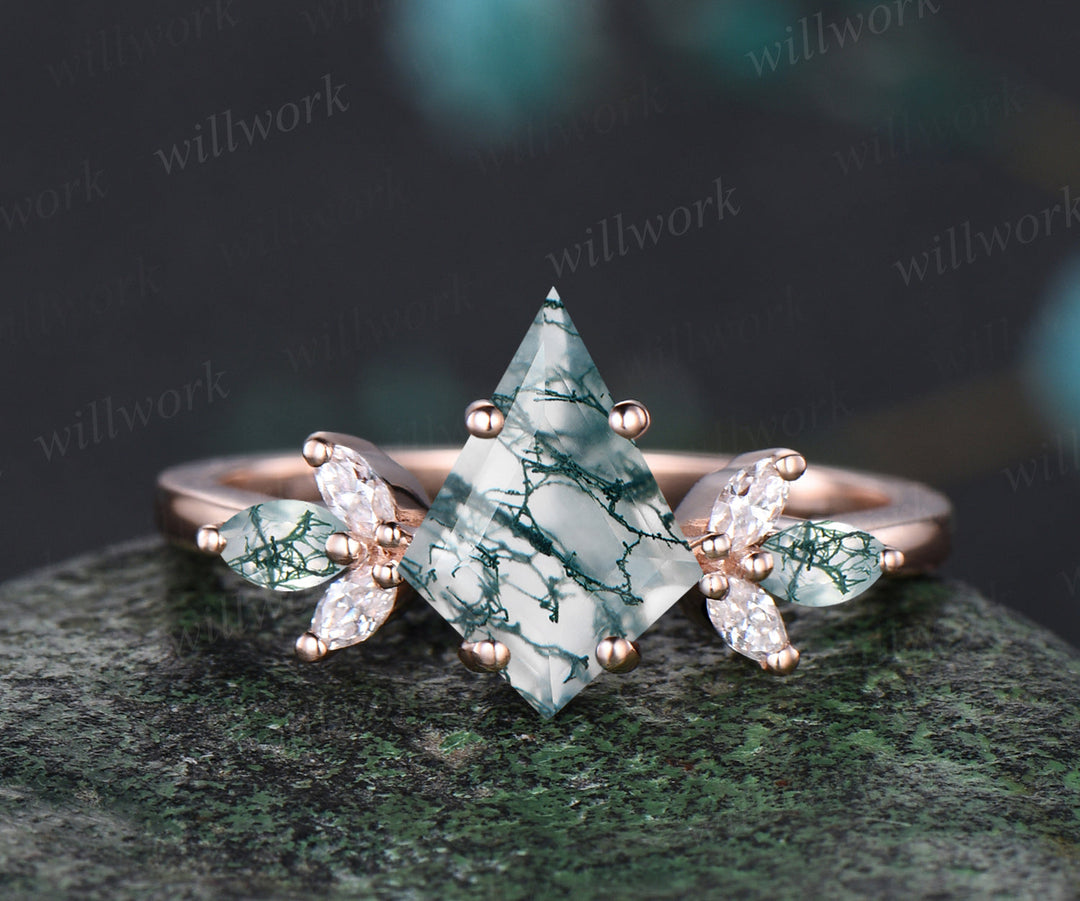 Unique Kite Cut Natural Green Moss Agate Engagement Ring Set 14k Rose Gold Art Deco 2pcs Bridal Ring Set Marquise Moss Agate Moissanite Ring