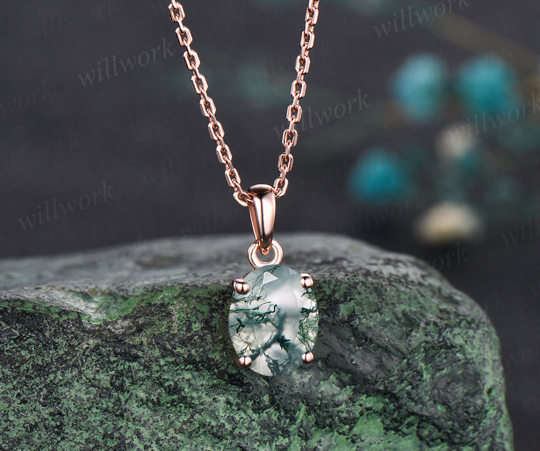 2ct 7x9mm Oval Cut Natural Green Moss Agate Necklace 14k Rose Gold Green Agate Solitaire Pendant Minimalist Aquatic Agate Birthday Promise Necklace Gift