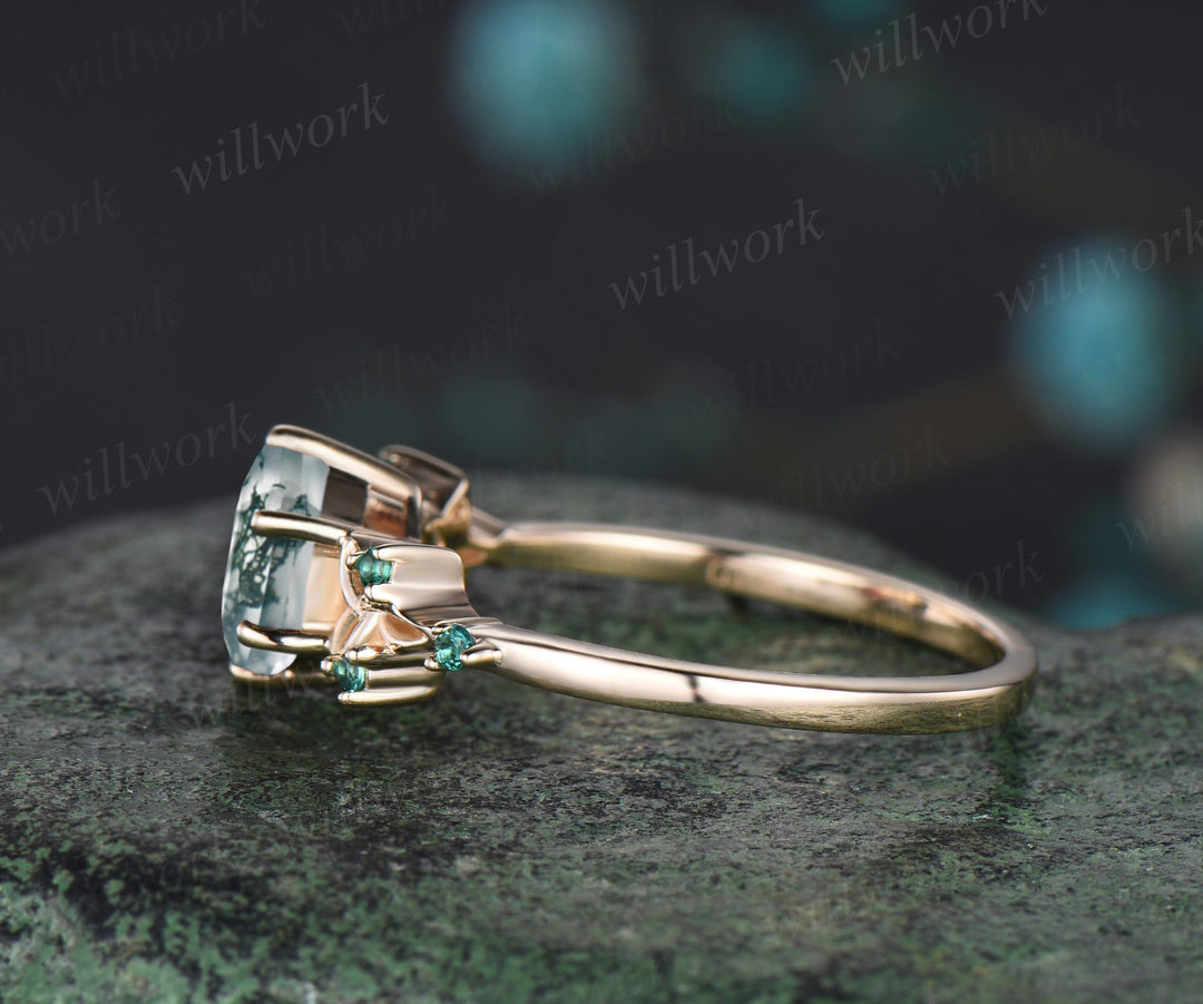 Unique Hexagon Cut Natural Moss Agate Engagement Ring Celtic Knot Wedding Ring Emerald Seven Stone Bridal Ring Gift For Women