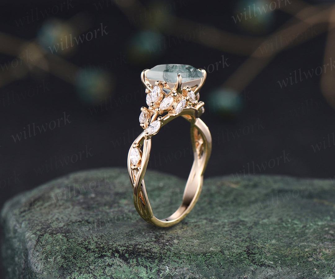 Princess cut moss agate ring unique twig flower engagement ring marquise cluster art deco promise wedding ring for women