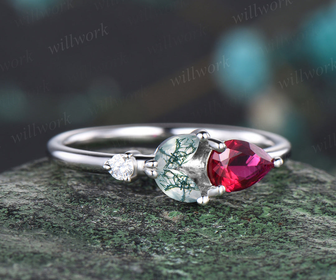 Unique Pear Cut July Birthstone Ruby Ring Marquise Natural Green Moss Agate Promise Ring Four Stone Anniversary Ring Rose Flower Leaf Floral Ring Gift For Mother