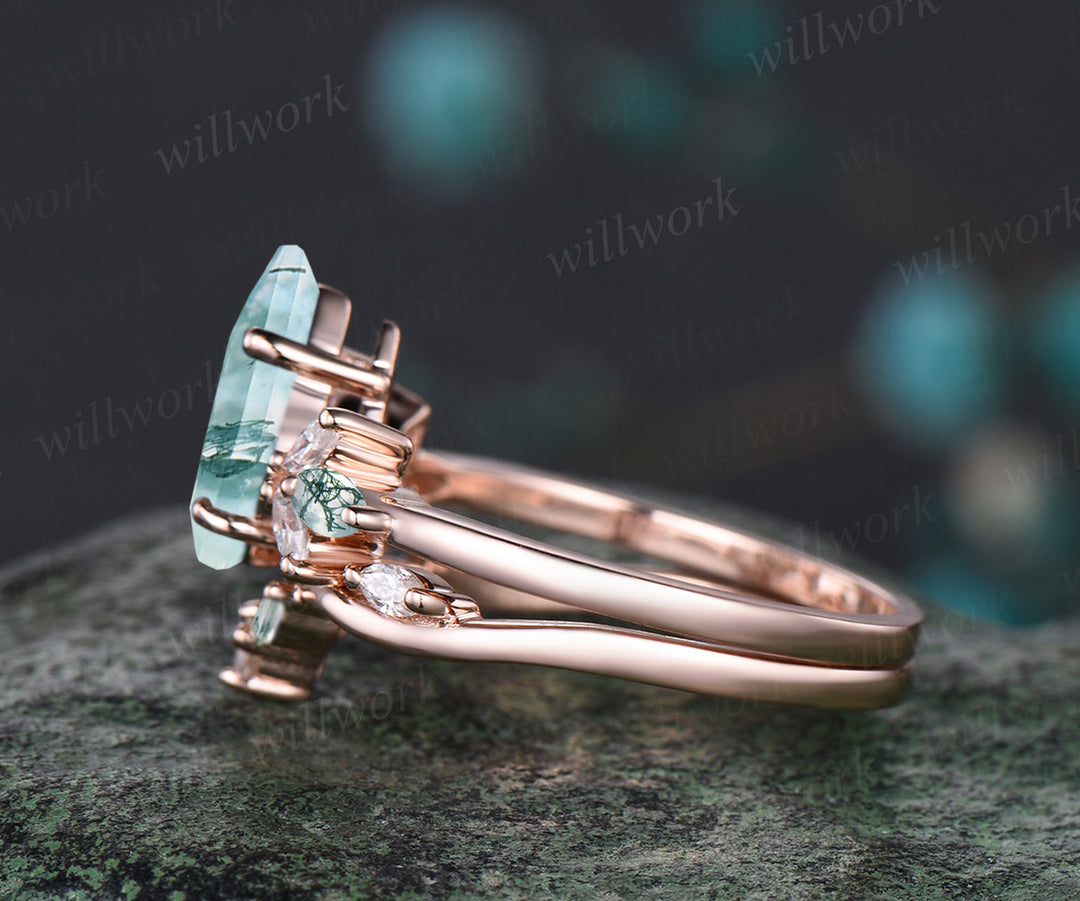 Unique Kite Cut Natural Green Moss Agate Engagement Ring Set 14k Rose Gold Art Deco 2pcs Bridal Ring Set Marquise Moss Agate Moissanite Ring