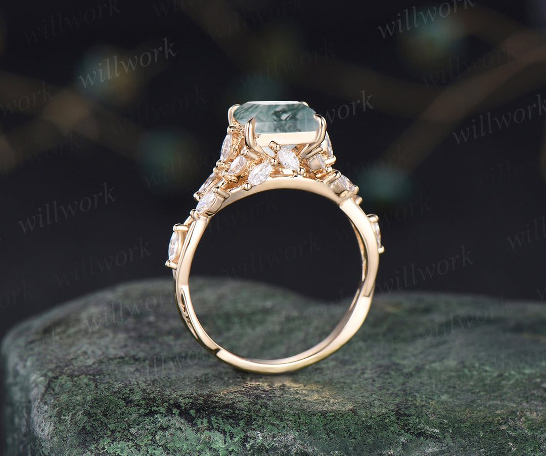 Princess cut moss agate ring unique twig flower engagement ring marquise cluster art deco promise wedding ring for women