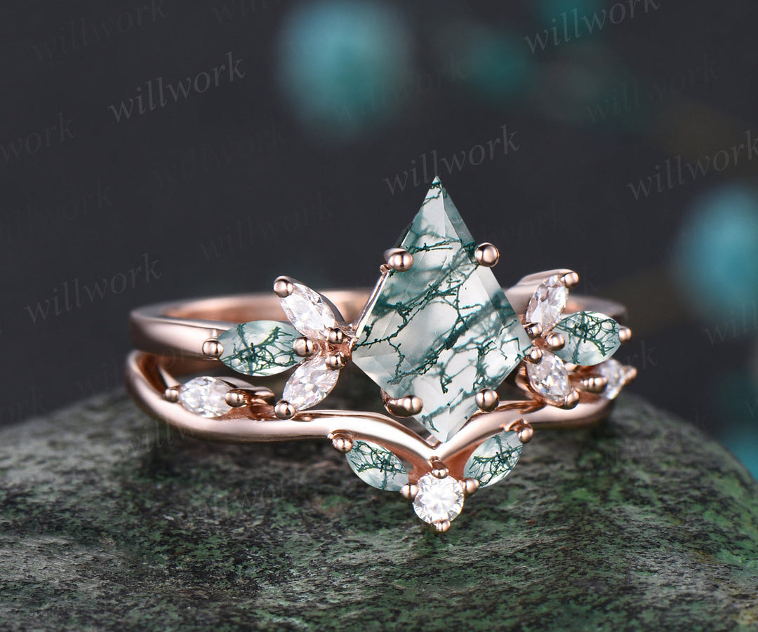 Unique Kite Cut Natural Green Moss Agate Engagement Ring Set 14k Rose Gold Art Deco 2pcs Bridal Ring Set Marquise Moss Agate Moissanite Ring