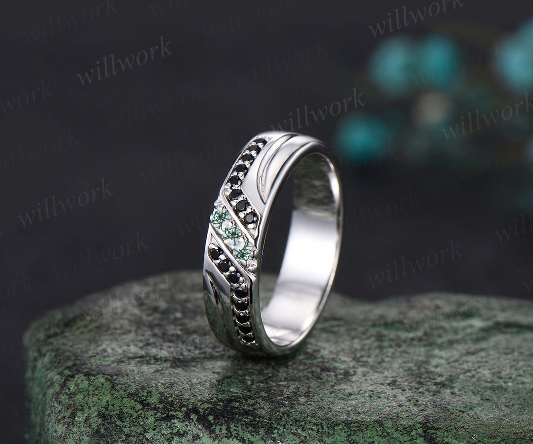 Unique Mens Moss Agate Wedding Band Round Cut Band 5mm Solid Gold Ring Mens Black Onyx Handsome Man Rings Matching Band Ring Gift