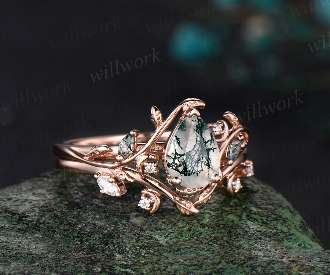 Pear cut moss agate ring vintage rose gold diamond leaf branch moon engagement ring women stacking bridal ring set jewelry