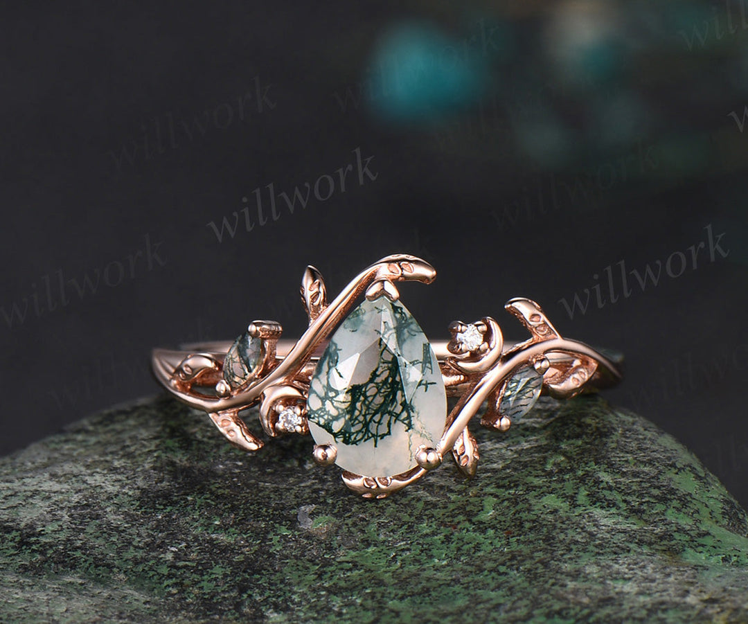 Pear cut moss agate ring vintage rose gold diamond leaf branch moon engagement ring women stacking bridal ring set jewelry