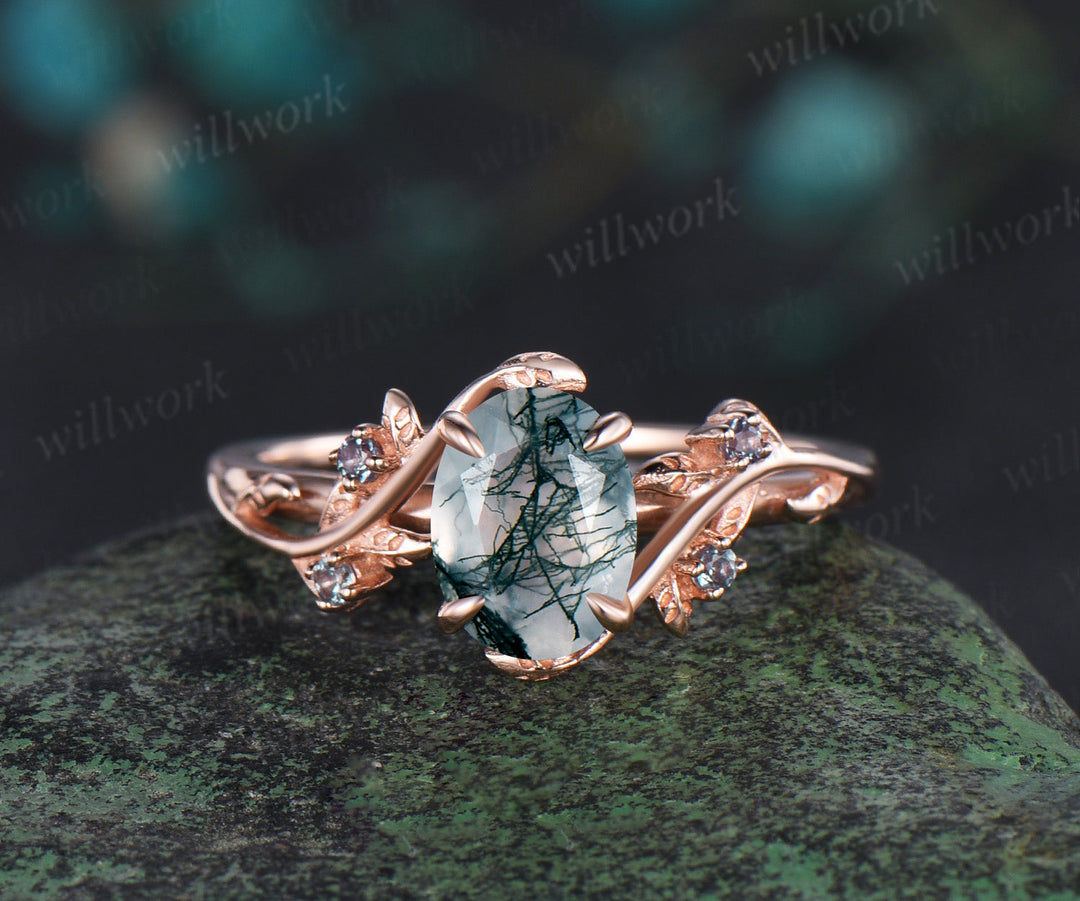 Twig oval cut moss agate engagement ring nature inspired leaf alexandrite ring rose gold twisted anniversary wedding ring set women gift