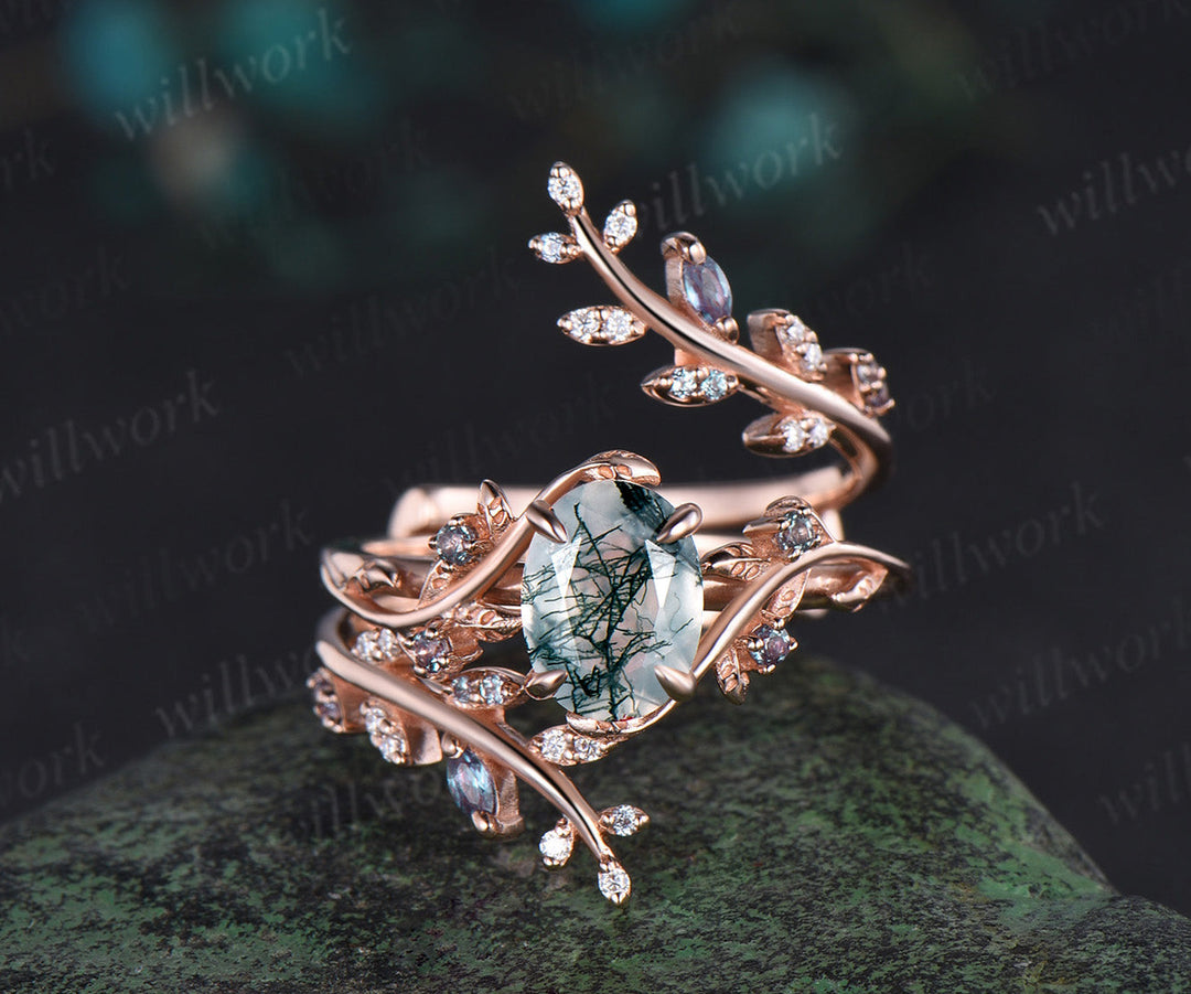 Twig oval cut moss agate engagement ring nature inspired leaf alexandrite ring rose gold twisted anniversary wedding ring set women gift