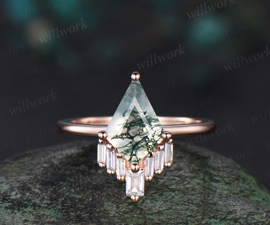 Kite Cut Natural Green Moss Agate Ring Set Vintage Kite Engagement Ring Set Unique Moss Bridal Set Baguette cut  Rose Gold Crystal Healing Gift