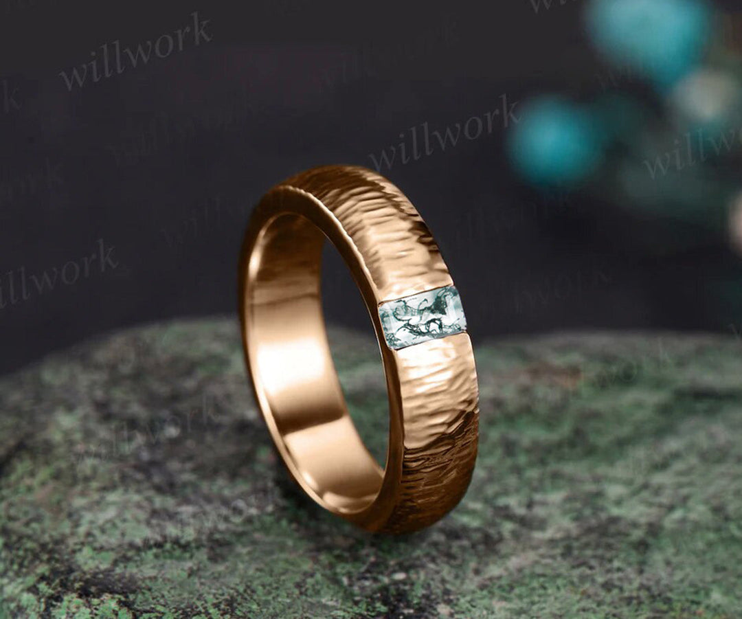 14k rose gold wedding band green moss agate men's ring gift for him anniversary gift