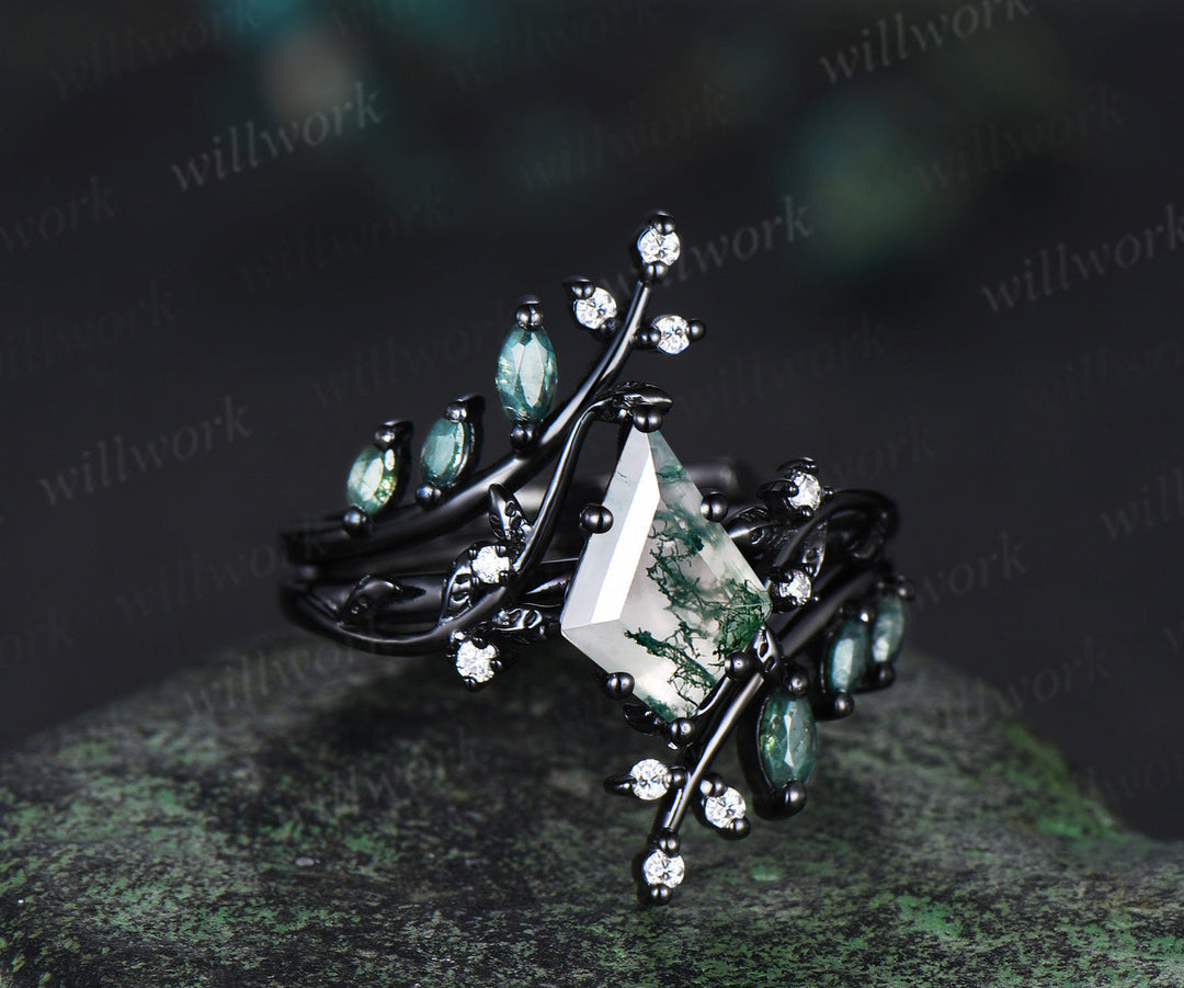 Unique kite cut moss agate leaf engagement ring set twig nature inspired 14k black gold diamond enhancer wedding ring band women