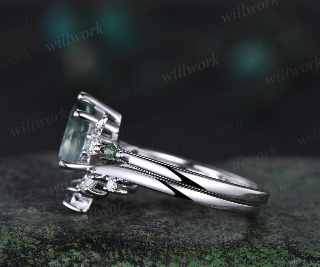 Pear moss agate ring white gold five stone leaf unique engagement ring set stacking wedding ring set women