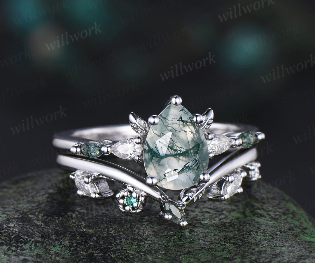 Pear moss agate ring white gold five stone leaf unique engagement ring set stacking wedding ring set women