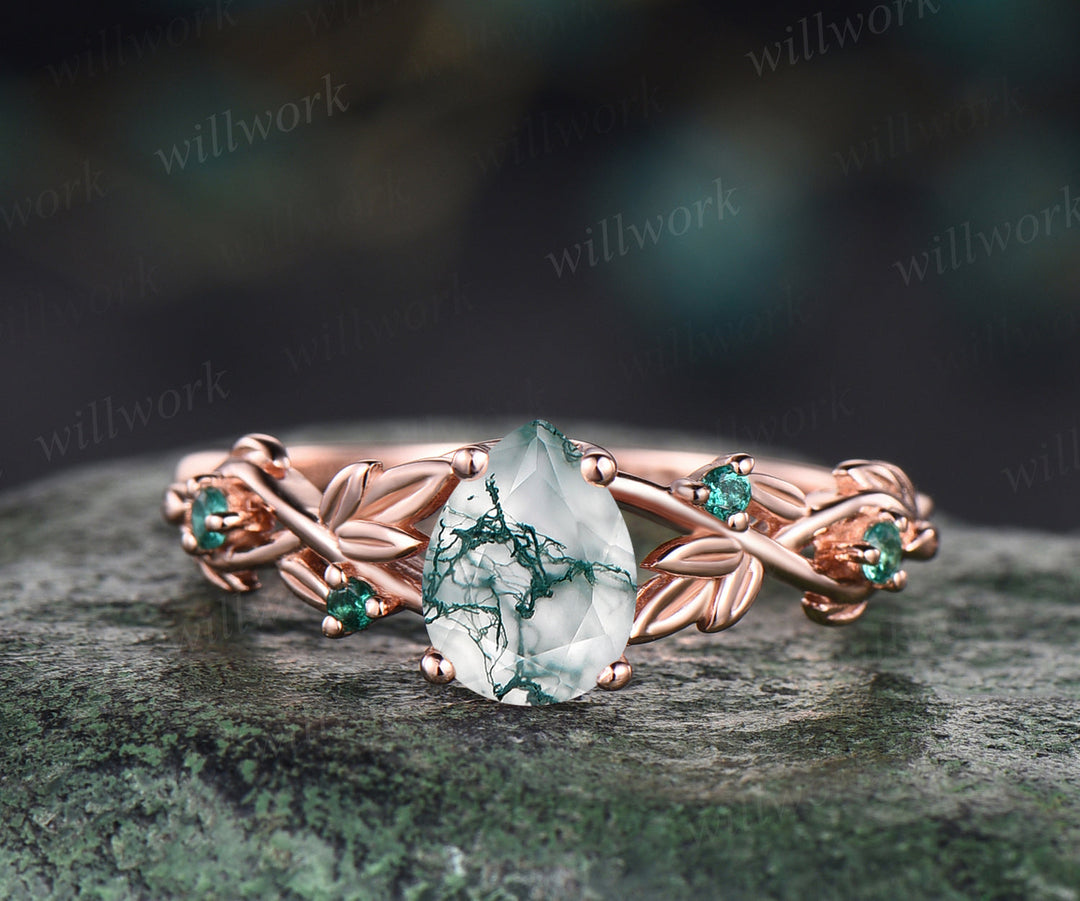 Unique twig teardrop moss agate engagement ring set 14k rose gold five stone leaf Nature inspired ring emerald art deco bridal ring set for women