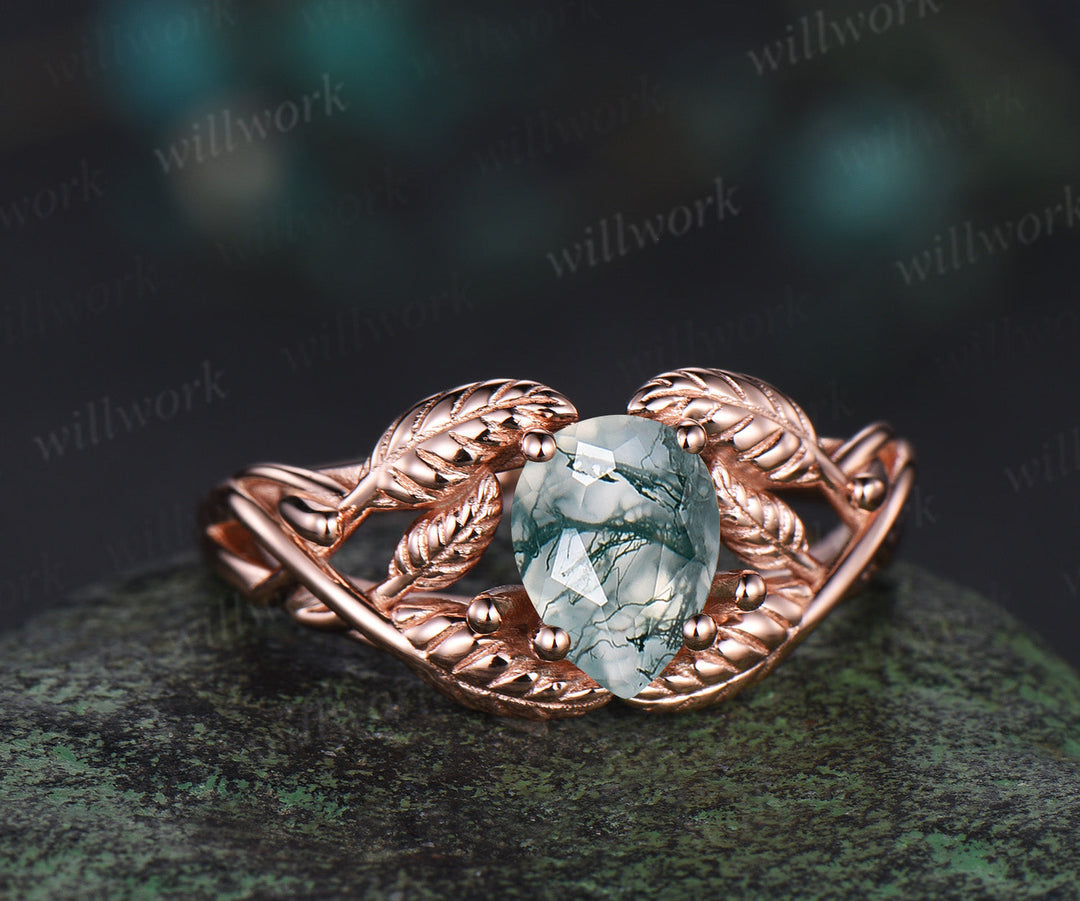 Pear cut moss agate wedding ring rose gold branch leaf Solitaire infinity engagement ring women Teardrop anniversary gift