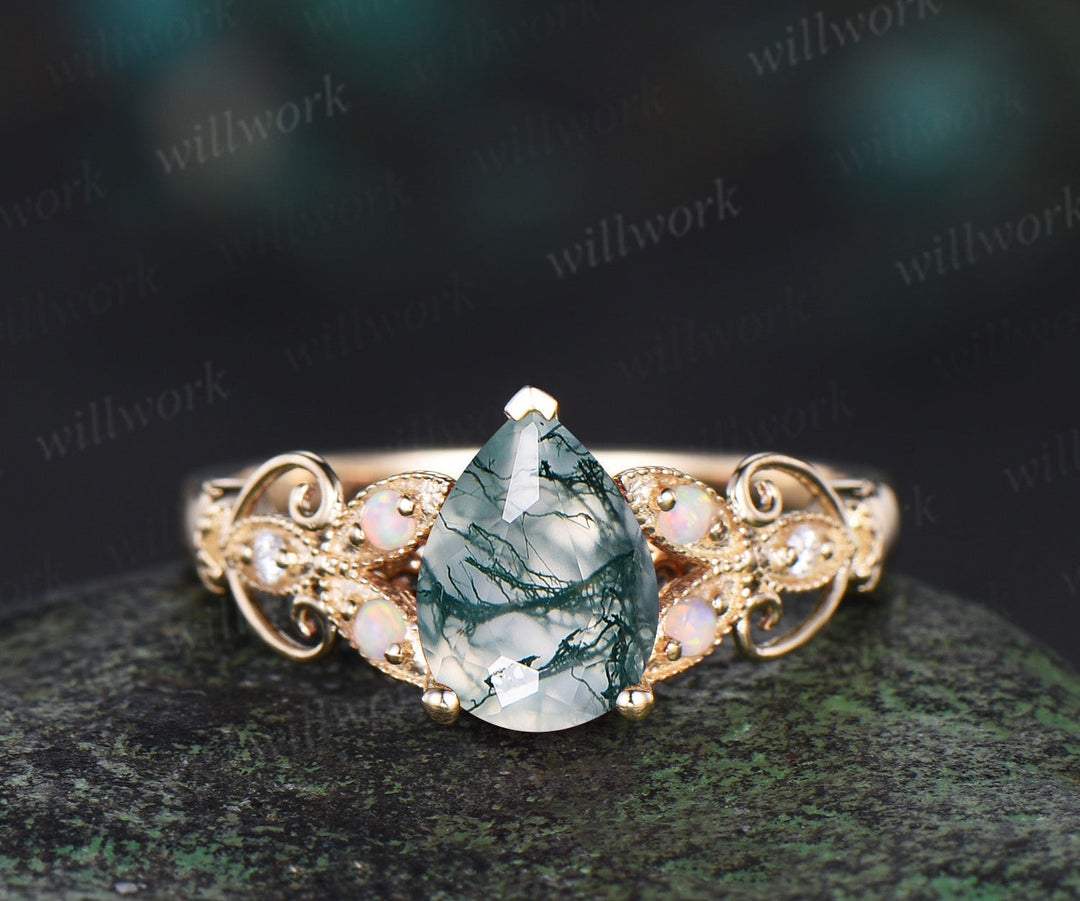 Pear shaped green moss agate ring 14k yellow gold opal butterfly Milgrain engagement ring set women art deco unique wedding ring set