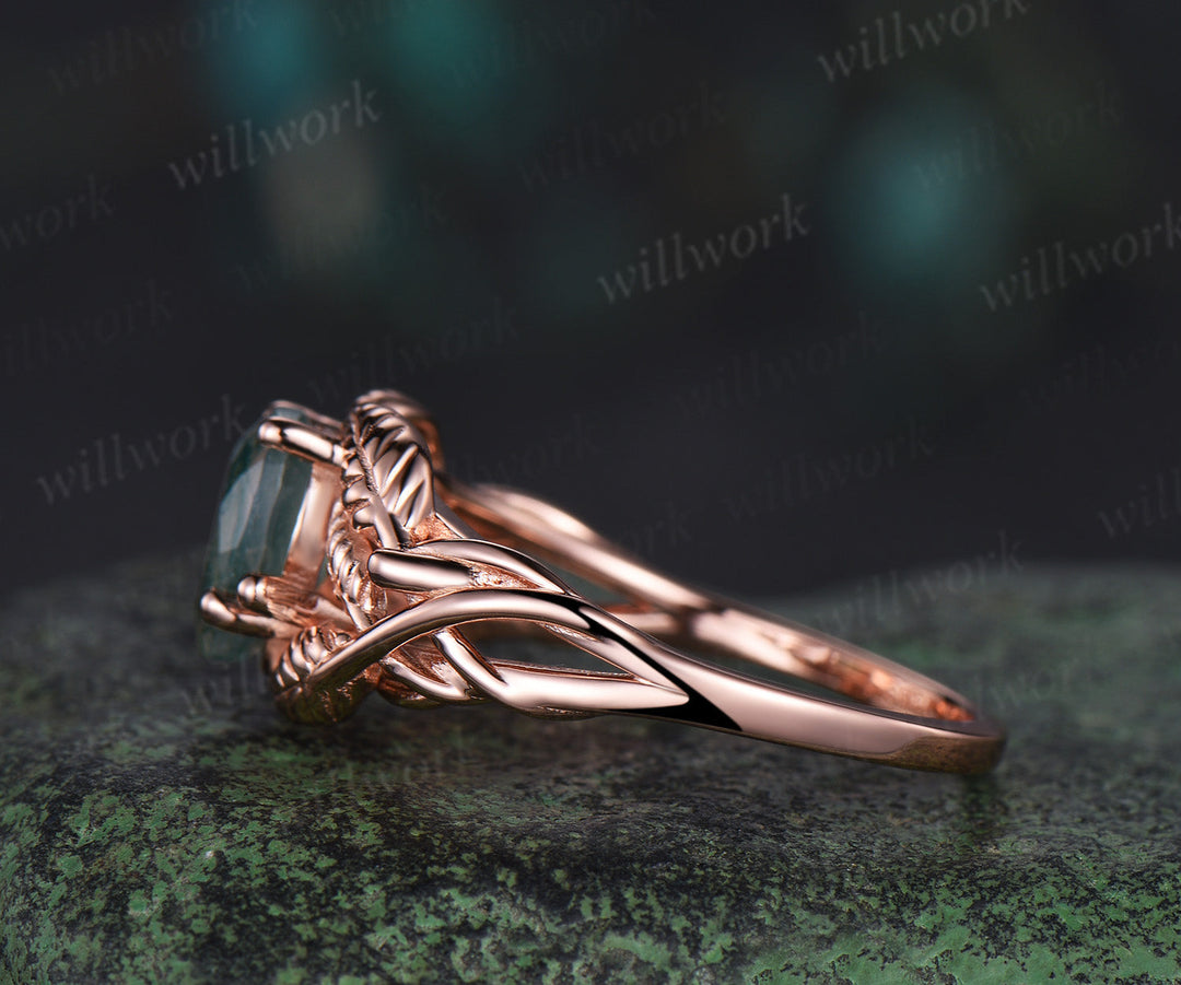 Pear cut moss agate wedding ring rose gold branch leaf Solitaire infinity engagement ring women Teardrop anniversary gift