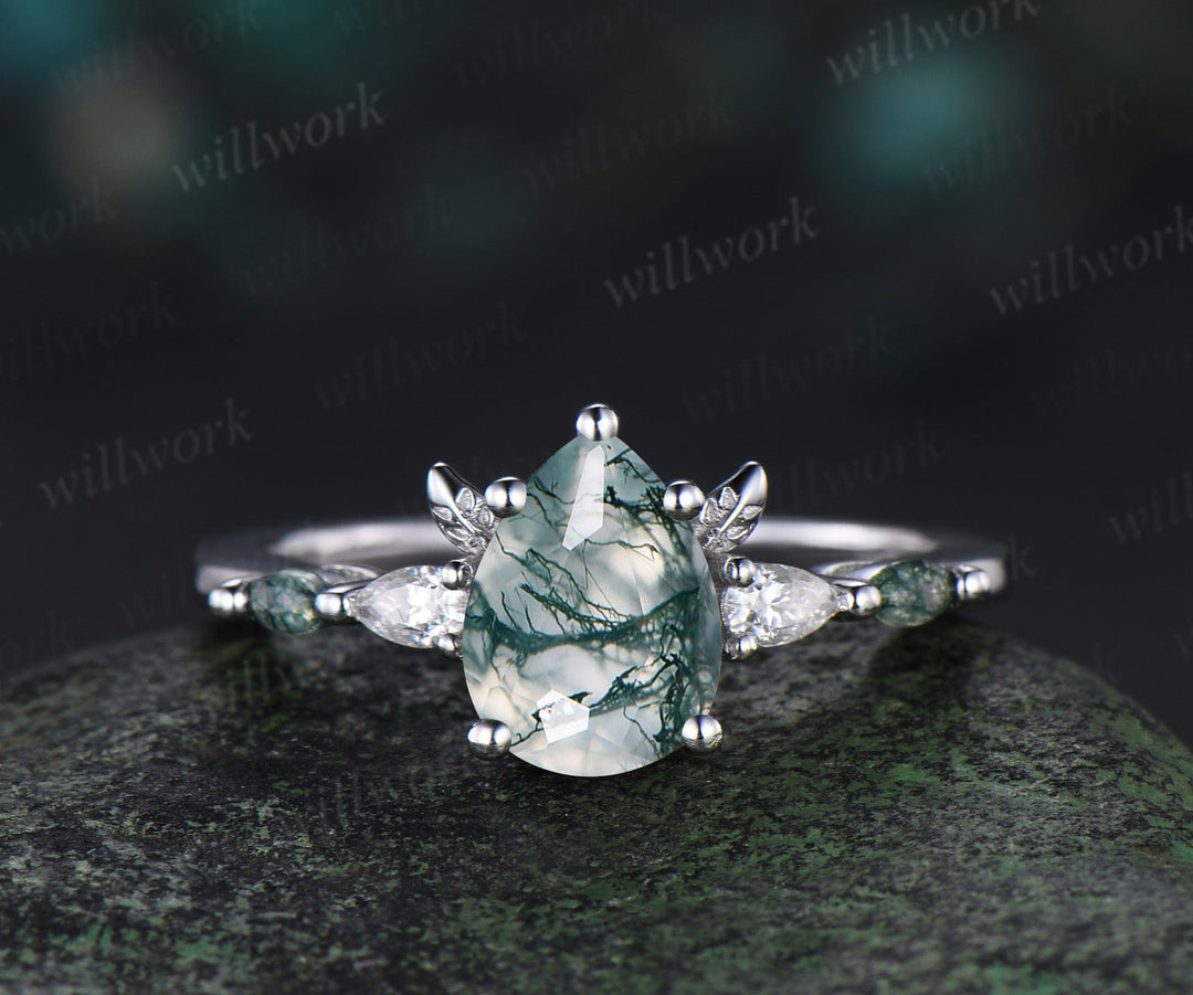 Pear moss agate ring white gold five stone leaf unique engagement ring set stacking wedding ring set women