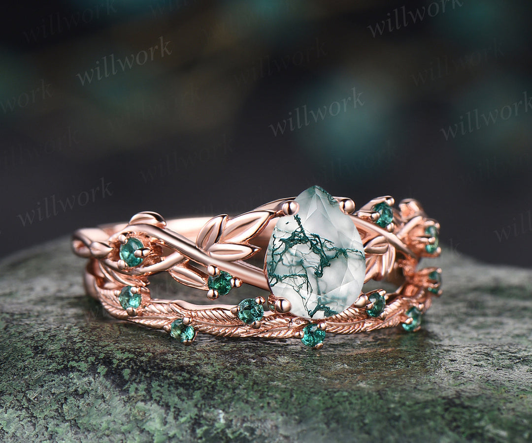 Unique twig teardrop moss agate engagement ring set 14k rose gold five stone leaf Nature inspired ring emerald art deco bridal ring set for women