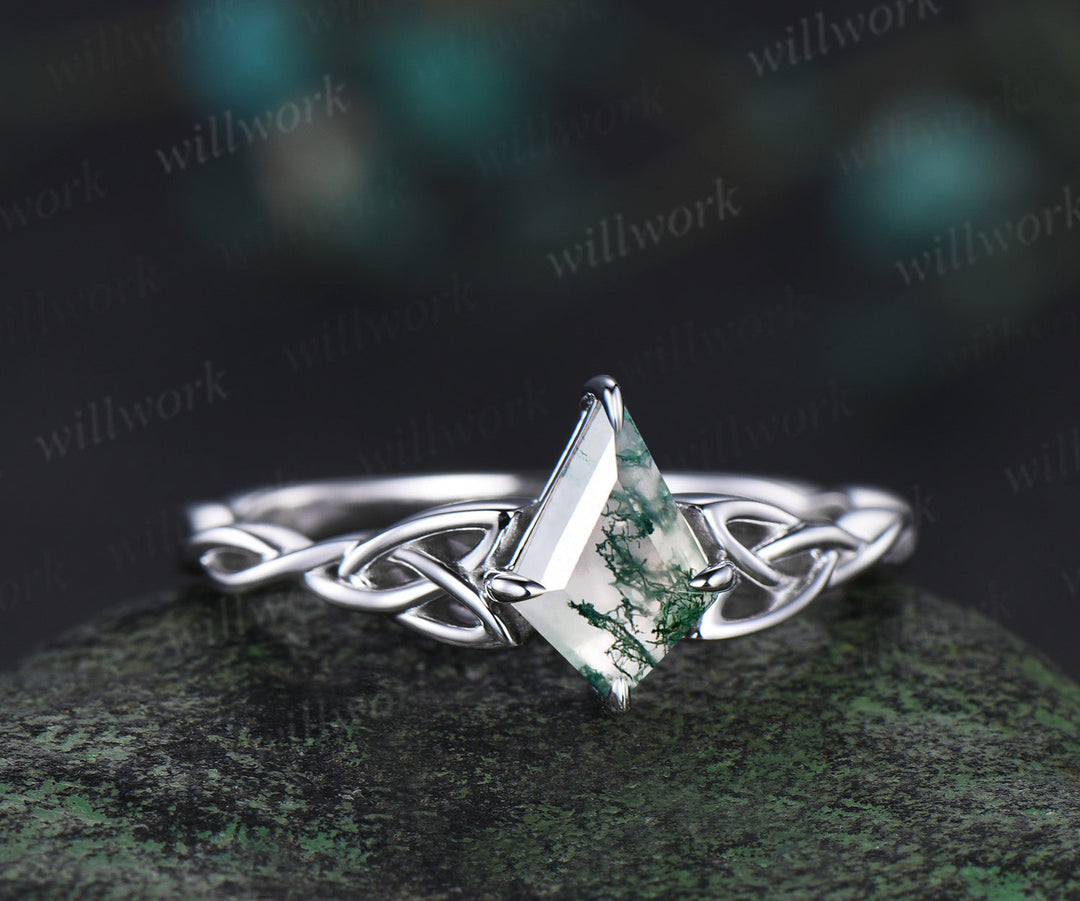 kite cut natural moss agate Celtic knot Solitaire engagement ring white gold Norse Viking Jewelry women anniversary gifts