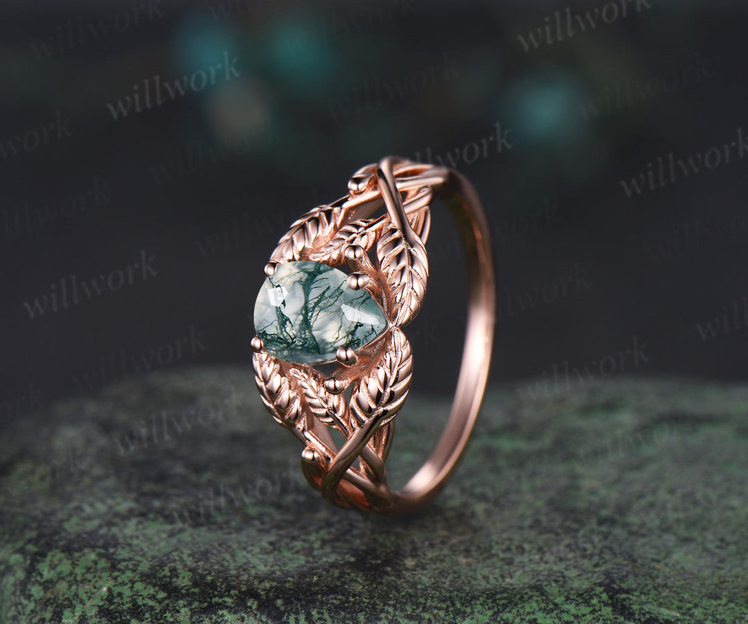 Pear cut moss agate wedding ring rose gold branch leaf Solitaire infinity engagement ring women Teardrop anniversary gift