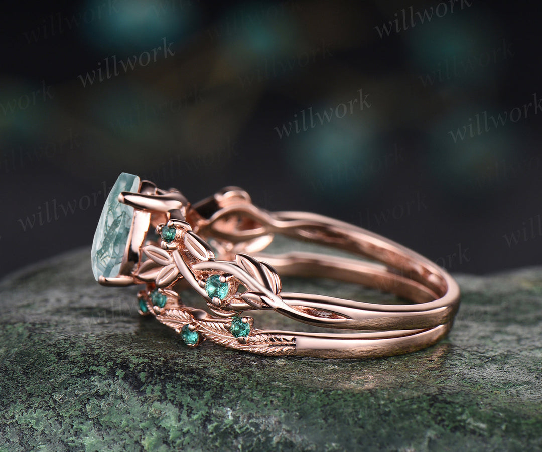 Unique twig teardrop moss agate engagement ring set 14k rose gold five stone leaf Nature inspired ring emerald art deco bridal ring set for women