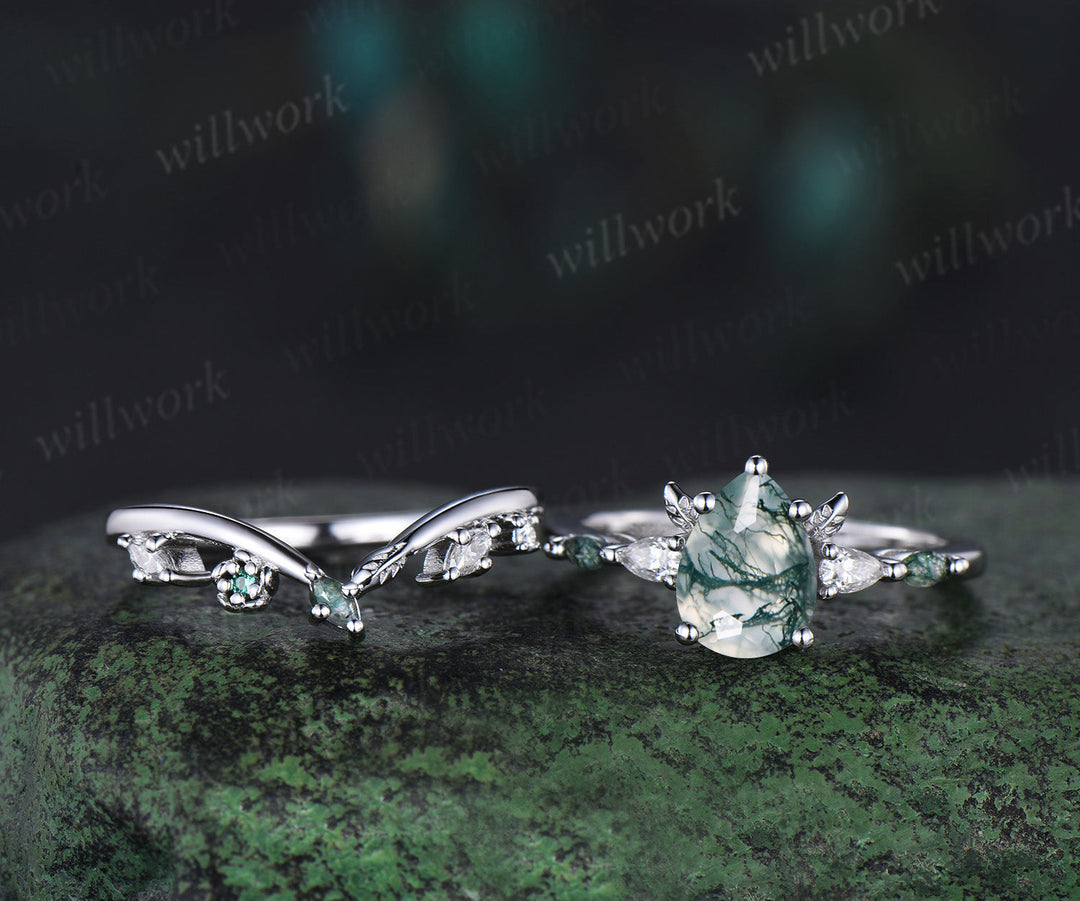 Pear moss agate ring white gold five stone leaf unique engagement ring set stacking wedding ring set women