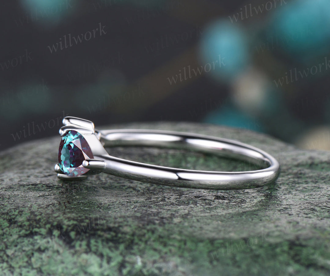 Unique Pear Cut June Birthstone Alexandrite Wedding Band Delicate Marquise Cut Natural Green Moss Agate Wedding Ring Art Deco Four Stone Rose Flower Leaf Floral Promise Gift For Her