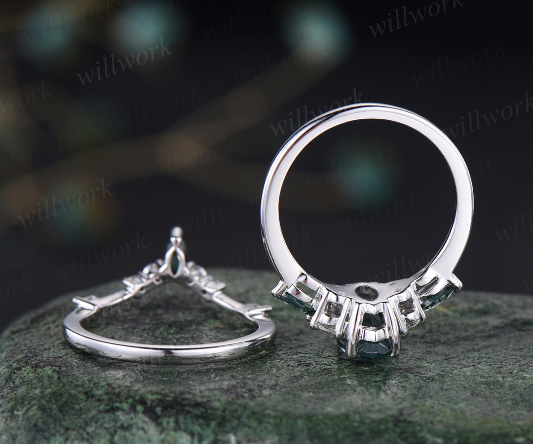Unique marqiuse cut moss agate engagement ring set moss agate ring vintage 14k white gold 4 prong wedding ring set anniversary gifts for women