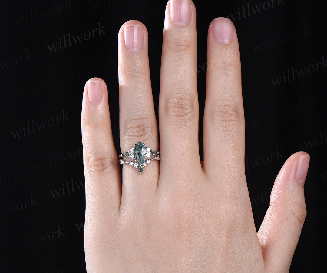 Unique marqiuse cut moss agate engagement ring set moss agate ring vintage 14k white gold 4 prong wedding ring set anniversary gifts for women