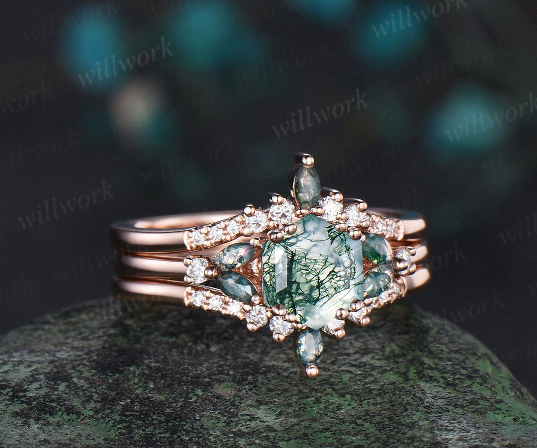 Hexagon cut moss agate ring rose gold cluster stacking moissanite ring set unique engagement ring women