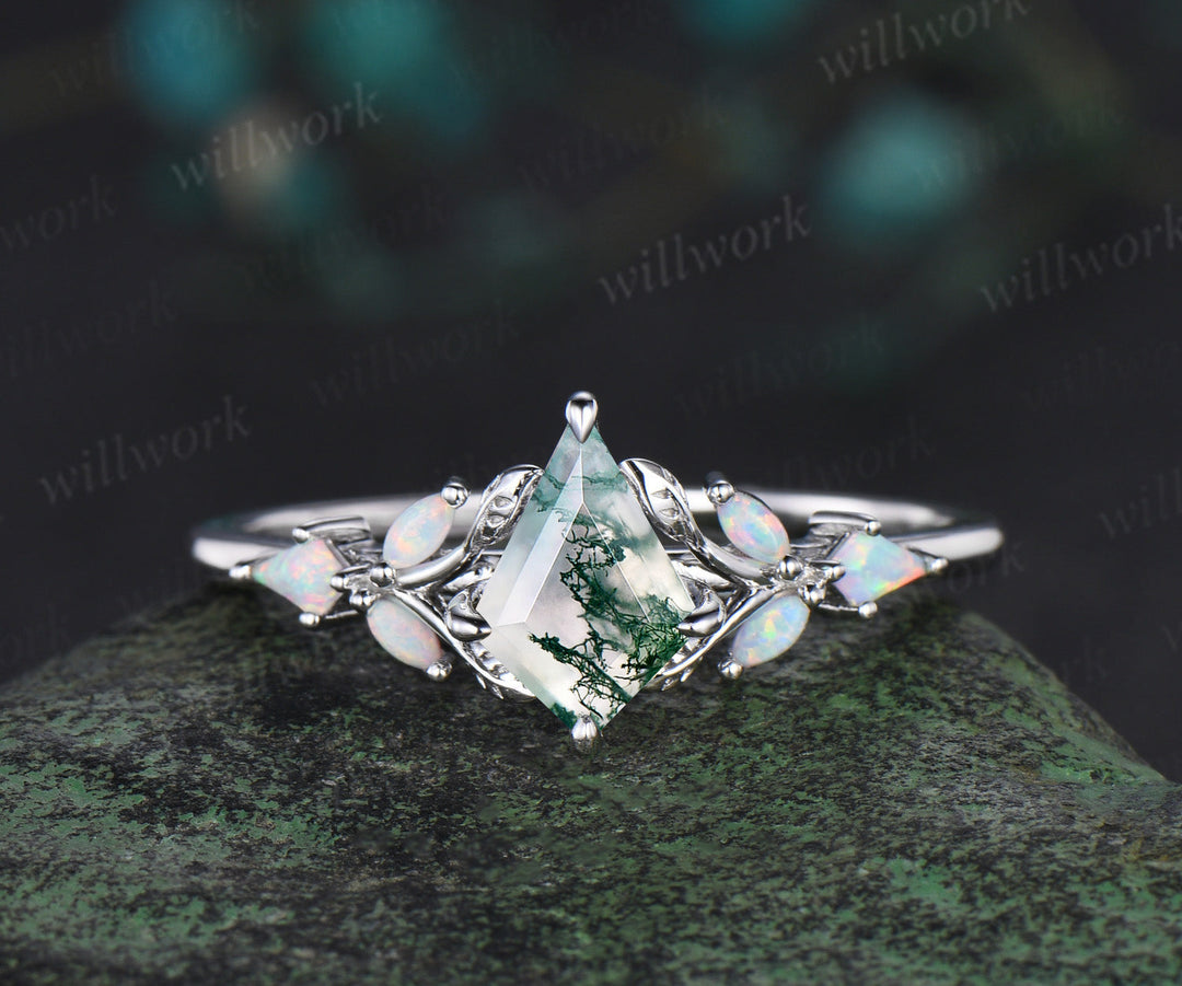 Unique kite cut moss agate engagement ring leaf kite opal ring 14k rose gold art deco promise anniversary gift