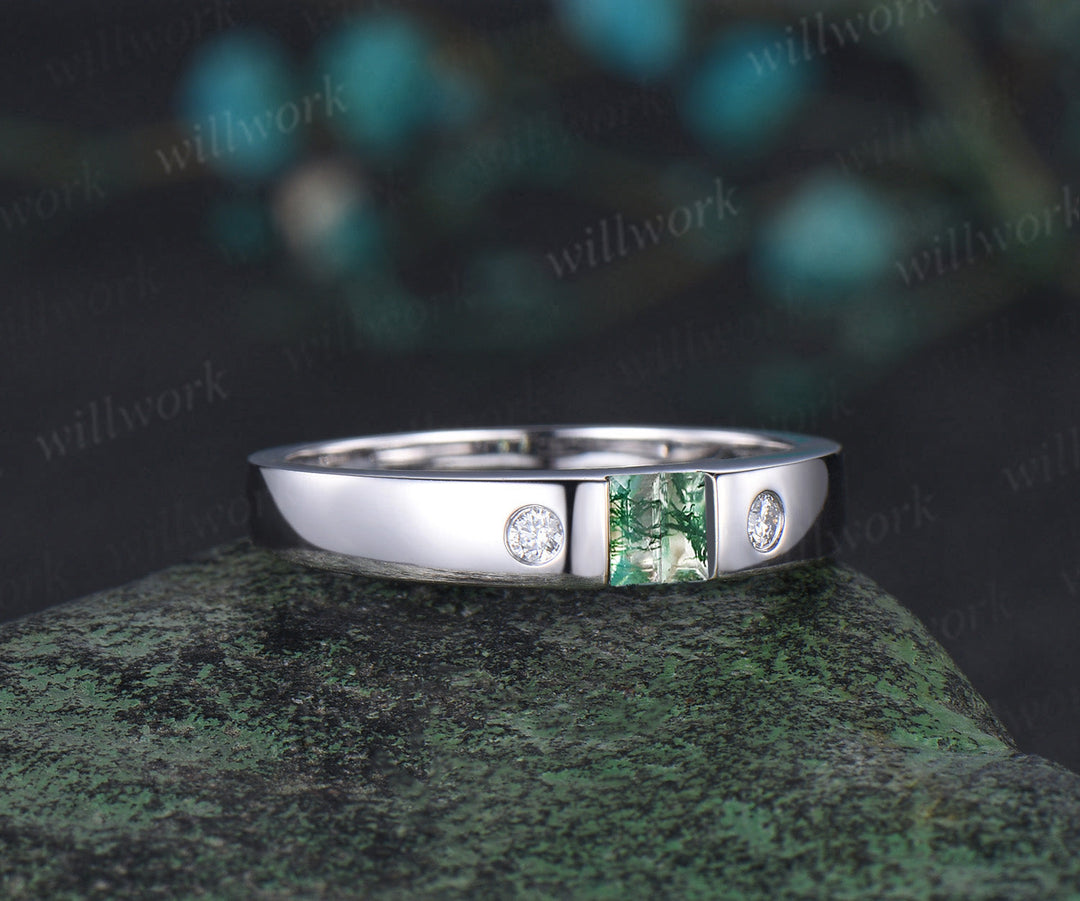 Baguette cut moss agate wedding band men four stone diamond mens wedding ring band unique engagement anniversary gift