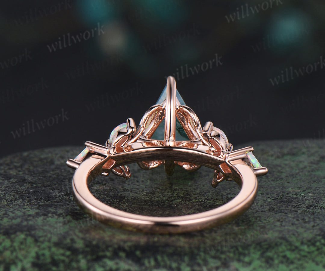 Unique kite cut moss agate engagement ring leaf kite opal ring 14k rose gold art deco promise anniversary gift