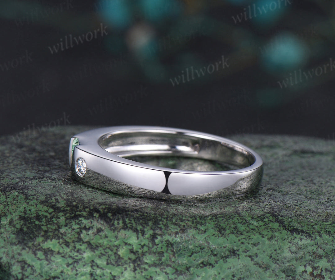 Baguette cut moss agate wedding band men four stone diamond mens wedding ring band unique engagement anniversary gift