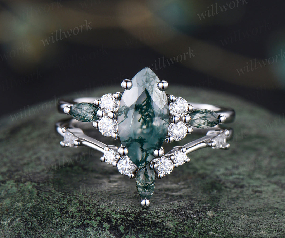 Unique marqiuse cut moss agate engagement ring set moss agate ring vintage 14k white gold 4 prong wedding ring set anniversary gifts for women