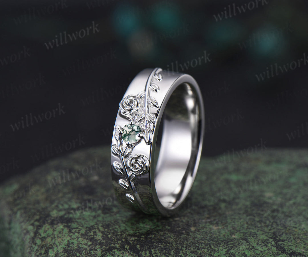 Round moss agate mens wedding band solid 14k white gold leaf floral wedding ring unique anniversary ring gift nature inspired Engagement Ring