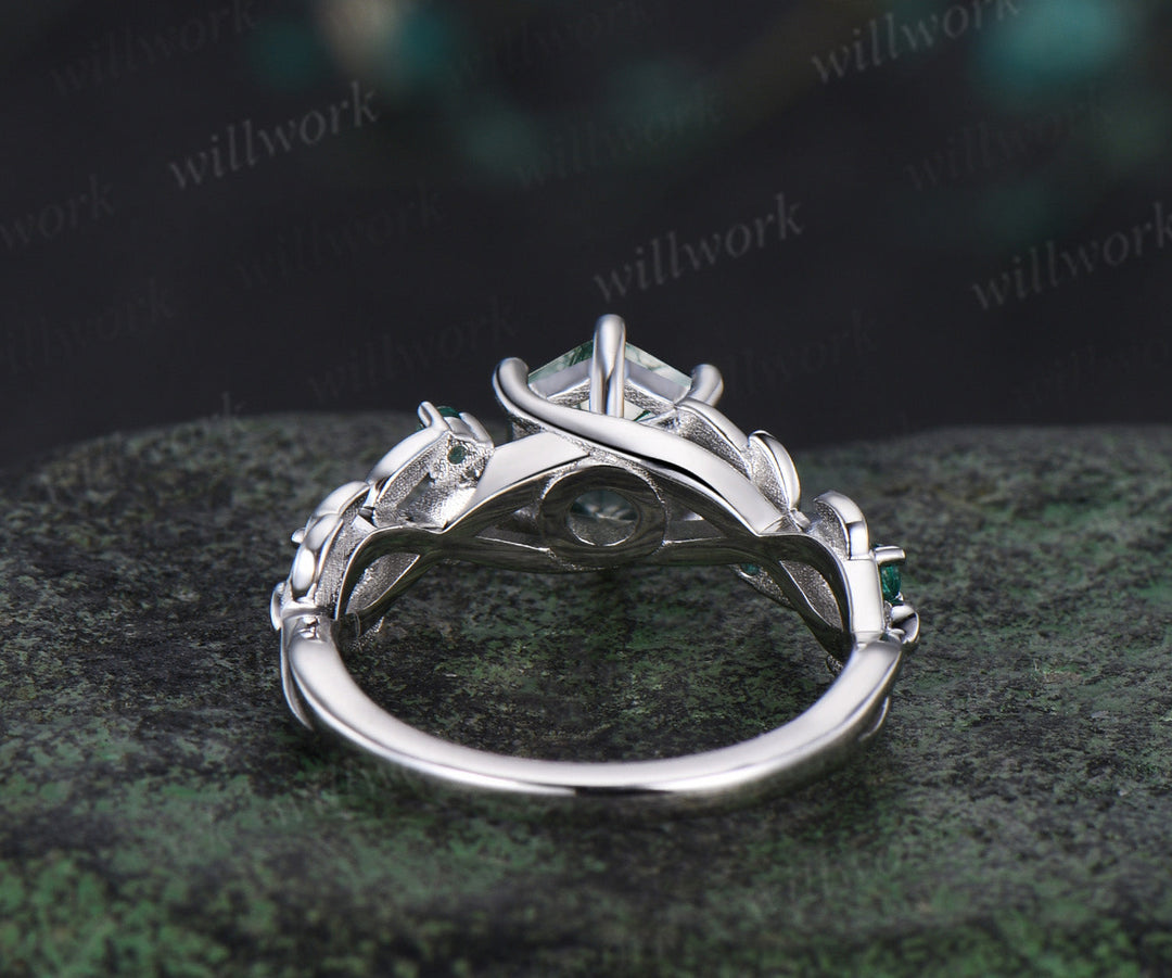 Hexagon cut moss agate ring vintage white gold leaf 6 prong engagement ring five stone emerald ring women retro anniversary gift