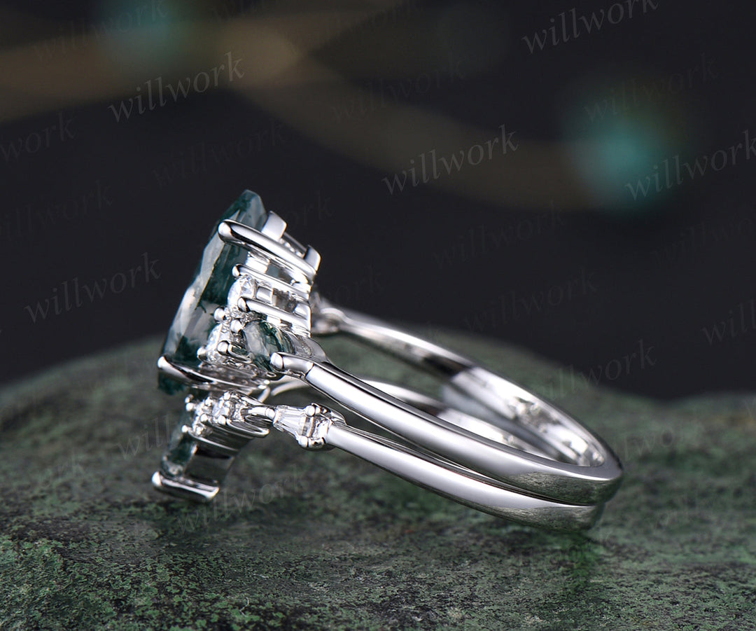 Unique marqiuse cut moss agate engagement ring set moss agate ring vintage 14k white gold 4 prong wedding ring set anniversary gifts for women