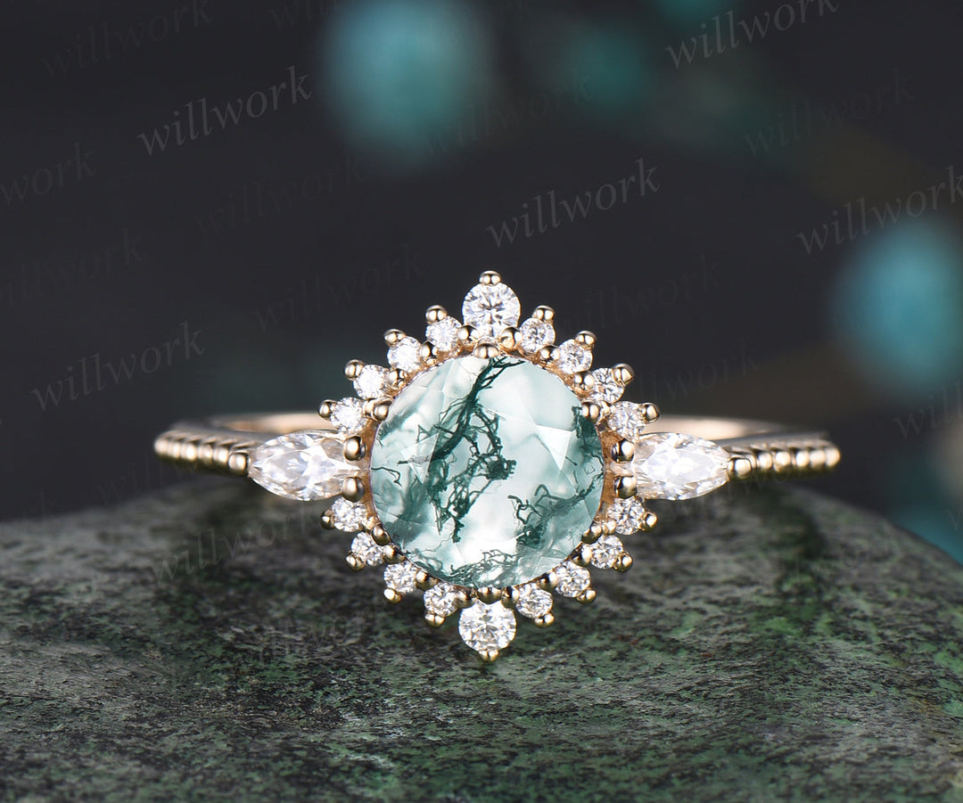 Milgrain Round Cut Natural Green Moss Agate Engagement Ring Set Vintage 14k Yellow Gold Moissanite Halo 3pcs Bridal Ring Set