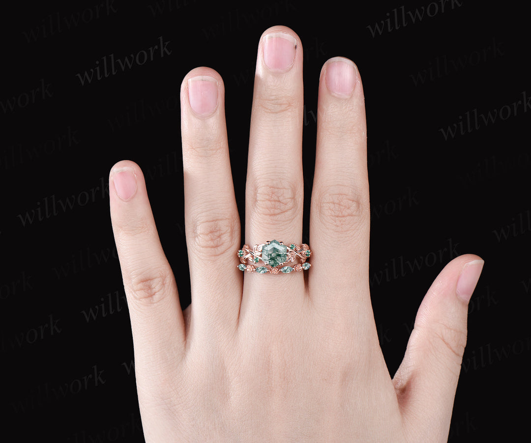 Hexagon Cut Natural Green Moss Agate Engagement Ring Set Leaf Flower Vine Twig Branch Nature Inspired Wedding Ring Unique 14k Rose Gold 2pcs Bridal Ring Set