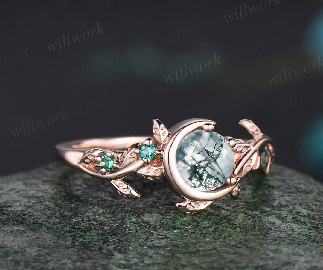 Art Deco Round Cut Natural Green Moss Agate Bridal Ring Unique Emerald Leaf Moon Star Nature Inspired Engagement Ring 14k Rose Gold Promise Gift